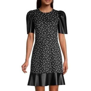 Michael Kors Women Black Jersey Paisley Faux-Leather Trim Mini Dress Size XS